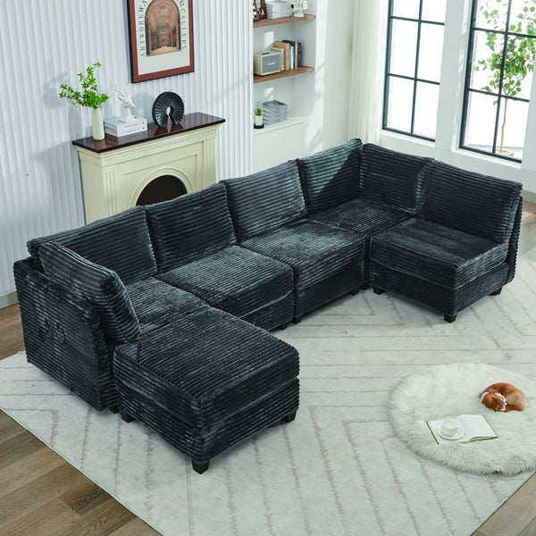English Elm Corduroy Plush U-Shaped Sectional Sofa with Storage Ottoman, Pet-Friendly Durable Modular Comfort Grey W2915S00064