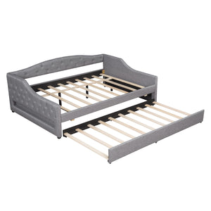 English Elm Upholstered Full XL Daybed with LED Belt and Trundle, Linen Backrest, Modern Silhouette, 450lb Capacity Gray DL002059AAE