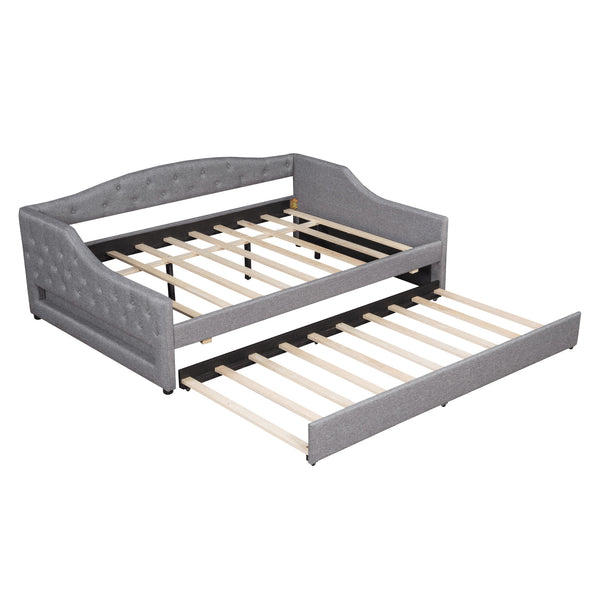 English Elm Upholstered Full XL Daybed with LED Belt and Trundle, Linen Backrest, Modern Silhouette, 450lb Capacity Gray DL002059AAE