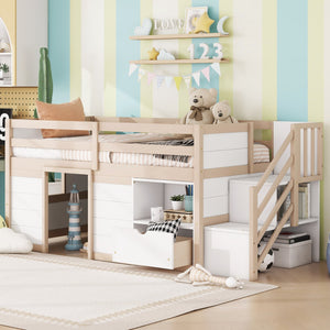 English Elm Solid Pine Twin Low Loft Bed with Stair Drawer Shelf Playhouse Frame for Kids W697S00036