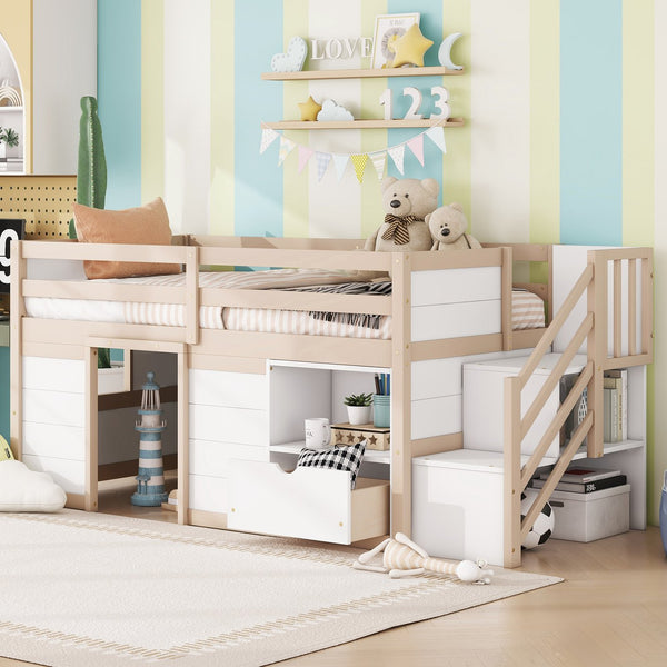 English Elm Solid Pine Twin Low Loft Bed with Stair Drawer Shelf Playhouse Frame for Kids W697S00036