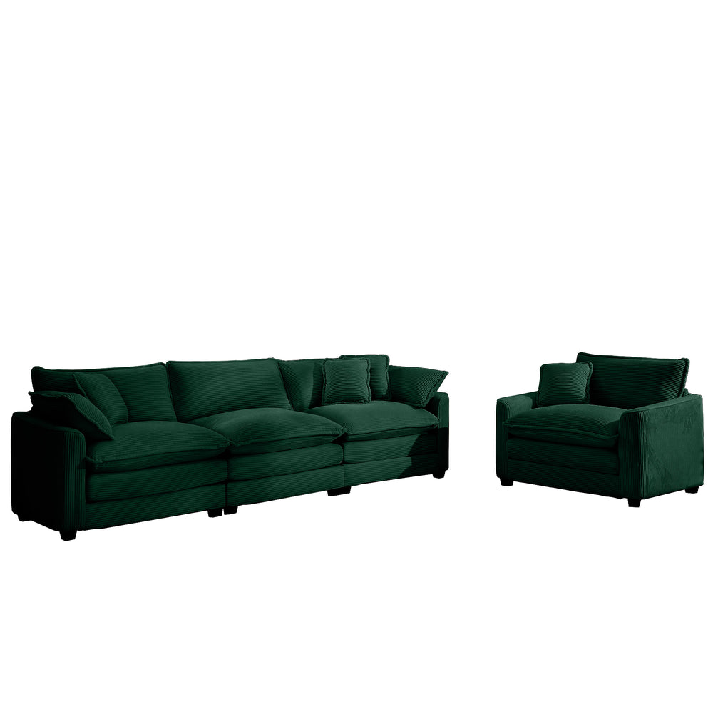 English Elm Mid-Century Modern Sectional Set - Plush Green Corduroy 3-Seater & Single-Seater With Pillows W714S00816