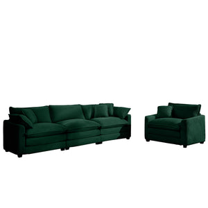 English Elm Mid-Century Modern Sectional Set - Plush Green Corduroy 3-Seater & Single-Seater With Pillows W714S00816