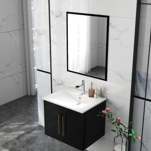 English Elm 24-Inch Modern Wall-Mounted Bathroom Vanity With Sink & Mirror, Soft Close Doors & Gold Accents W3151S00035