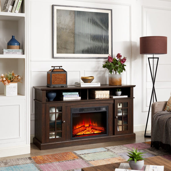 English Elm Classic TV Media Stand with 23" Electric Fireplace Insert, 65" TV Support, Ample Storage & Cable Management Espresso W2275S00015