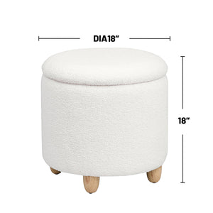 English Elm Faux Round Sheepskin Storage Ottoman with Removable Lid and Natural Wood Legs for Cozy Living Space Ivory B016P383359