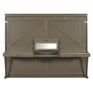 English Elm Queen Murphy Bed Cabinet with Vanity Desk Hydraulic Lift Mirror Distressed Finish Gray LP000766AAE-1