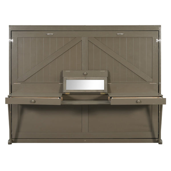English Elm Queen Murphy Bed Cabinet with Vanity Desk Hydraulic Lift Mirror Distressed Finish Gray LP000766AAE-1