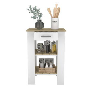 English Elm Brooklyn Two-tone Kitchen Island with Oak Top Open Shelves Drawer and Towel Rack B128P148882