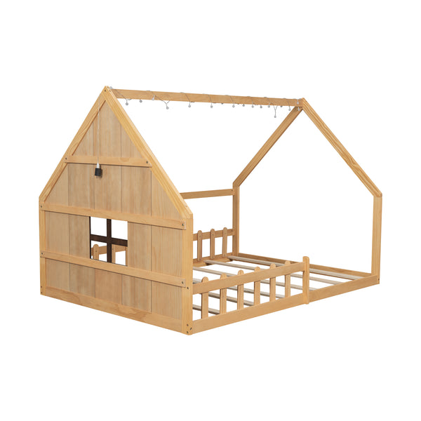 English Elm Full House Bed Frame with Window & Fence Playhouse Design, Sturdy Pine/MDF, Safe 400lb Capacity Natural N709P215545N
