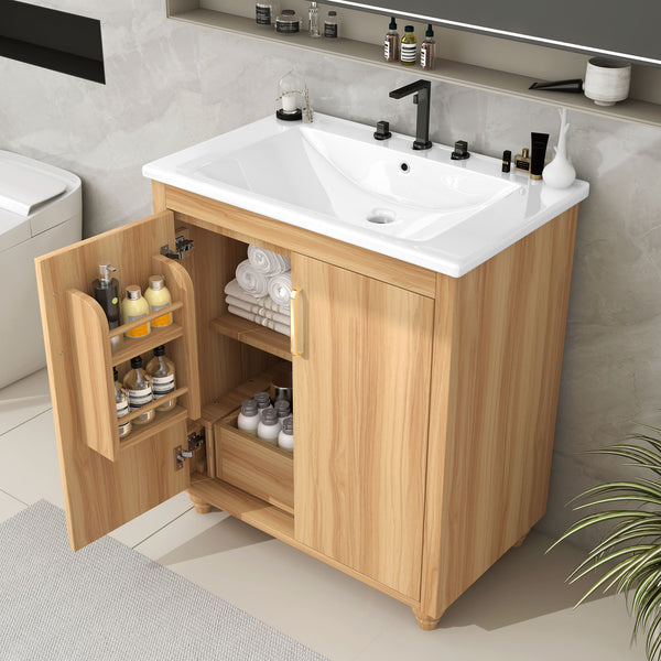 English Elm 30" Modern Bathroom Vanity with Ceramic Sink, Solid Wood & MDF Storage Cabinet with Drawer and Doors WF319484AAG