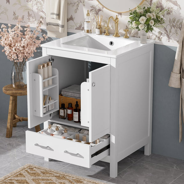 English Elm 24-inch Modern Bathroom Vanity with Ceramic Sink, Soft-Close Doors, Drawer Divider & Ample Storage White N729P299440K