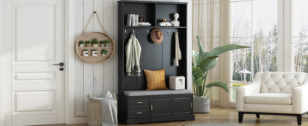 English Elm On-Trend Stylish Hall Tree With Sliding Doors, 6 Hooks, Cushion Bench & Smart Storage For Entryways N721P205787B-GIGA