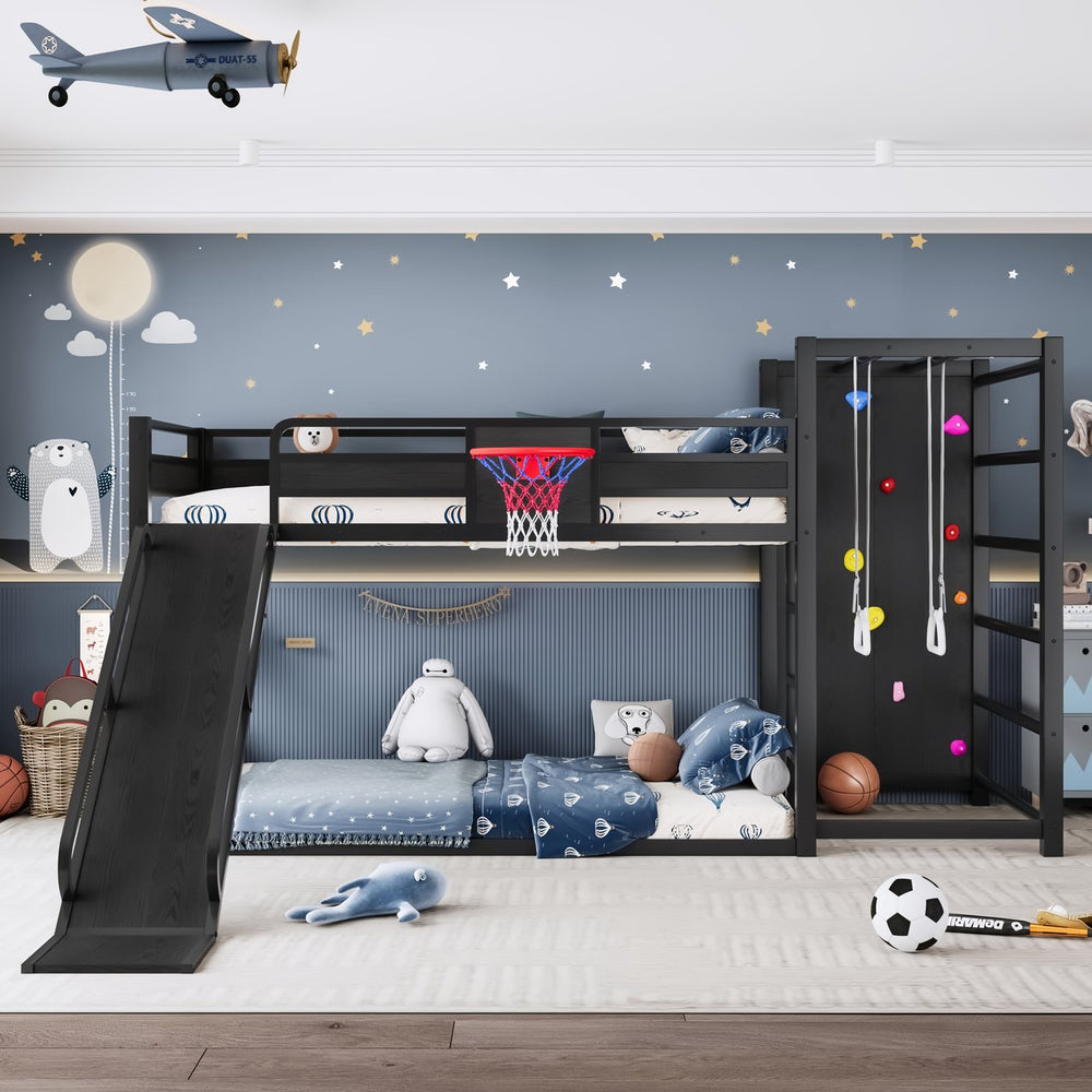 English Elm Twin Xl Metal Loft Bed with Climbing Wall Slide Basketball Hoop and Bookshelves W1580S00588