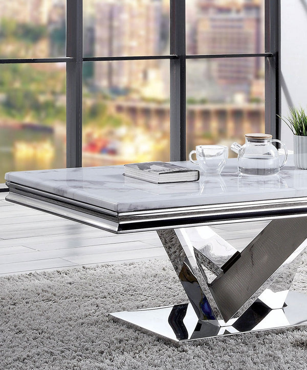 English Elm Modern Glam Coffee Table with 18mm Faux Marble Top, Beveled Edges and Curved Pedestal Metal Base Chrome 55 L x 32 W x 4 H B2741S00433