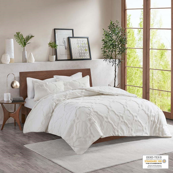 English Elm 3 Piece Tufted Cotton Chenille Geometric Comforter Set Off-White Full/Queen – Soft OEKO-TEX, Machine Washable Elegance B03597079