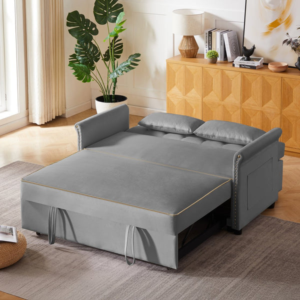 English Elm Grey Velvet Sleeper Sofa Bed with Foam Seat, Solid Wood Frame, Black Legs — Compact 51.6" L Convertible Comfort W588P246469