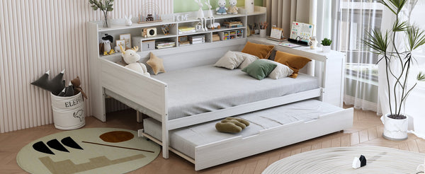 English Elm Wooden Full Size Daybed with Trundle and Built-In Desk, Side Storage Shelves for Space-Saving Rooms Antique White 70 L x 18.6 W x 5.5 H N733S242277K