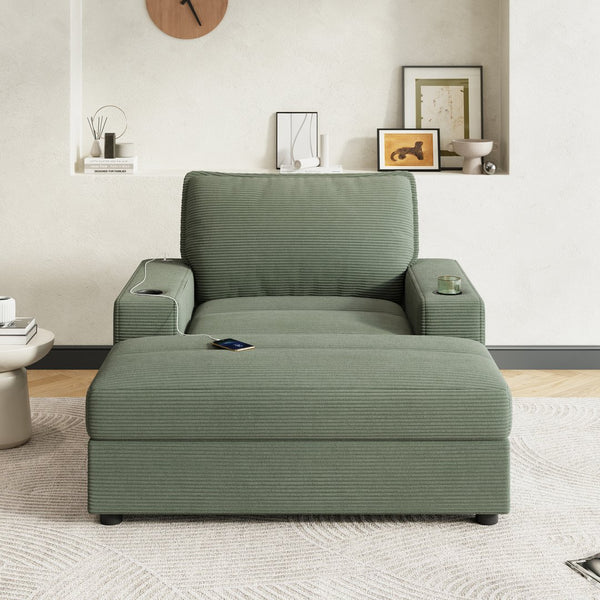 English Elm Christopher Knight Home® - 42.8" Oversized Chaise Lounge with Storage Ottoman, Corduroy Upholstery, USB Port & Cup Holders for Cozy Living Space Green N765P350851N
