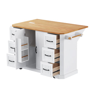 English Elm K&K 56-Inch Kitchen Island Cart with Embossed Vertical Stripe, Drop Leaf, Charging Station, Storage White N707P266184W