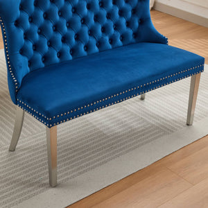 English Elm Velvet Wingback Dining Bench Tufted Two Seat Mid Century Modern Brushed Steel Base Blue W1143P406981