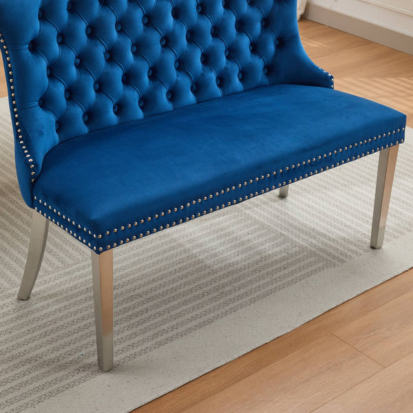 English Elm Velvet Wingback Dining Bench Tufted Two Seat Mid Century Modern Brushed Steel Base Blue W1143P406981