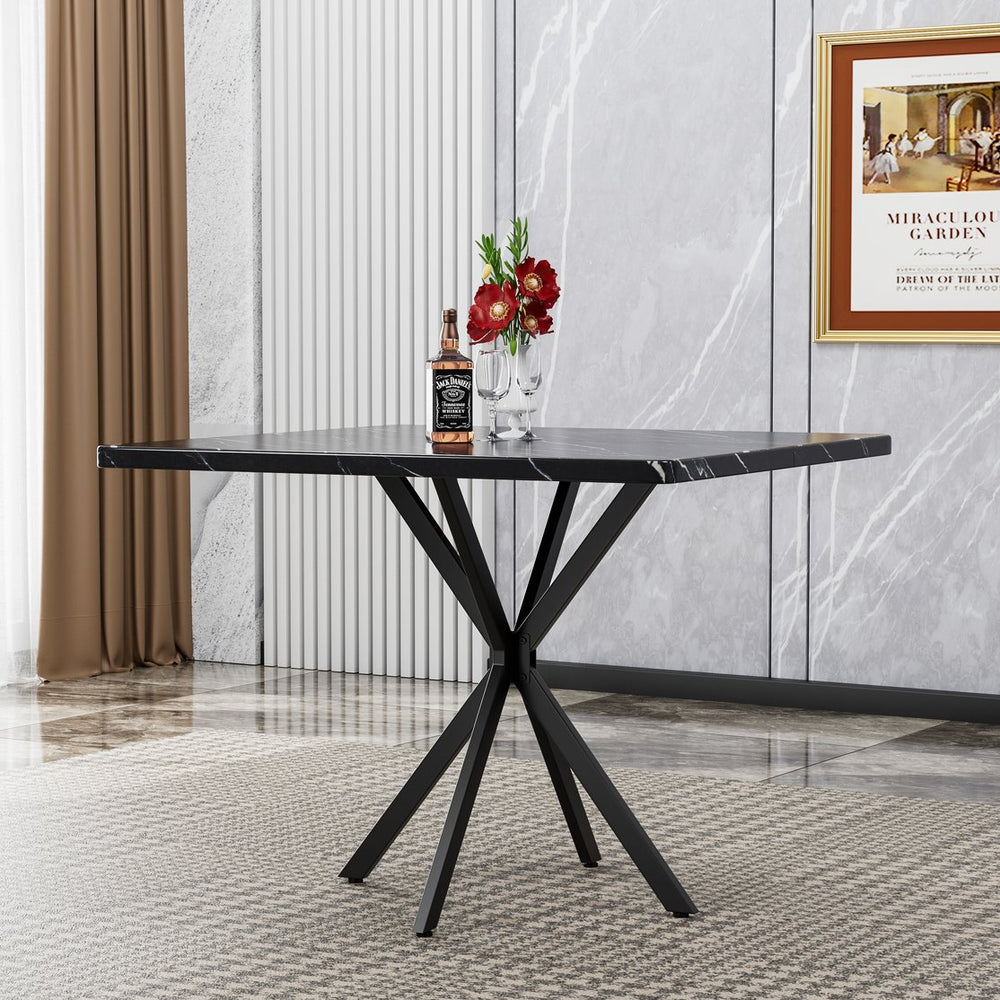 English Elm Square Mid Century Dining Table with Faux Marble Top, Waterproof Scratch-Resistant MDF Surface, Durable Iron Frame for Compact Kitchens and Stylish Small Dining Rooms Black W578P242962
