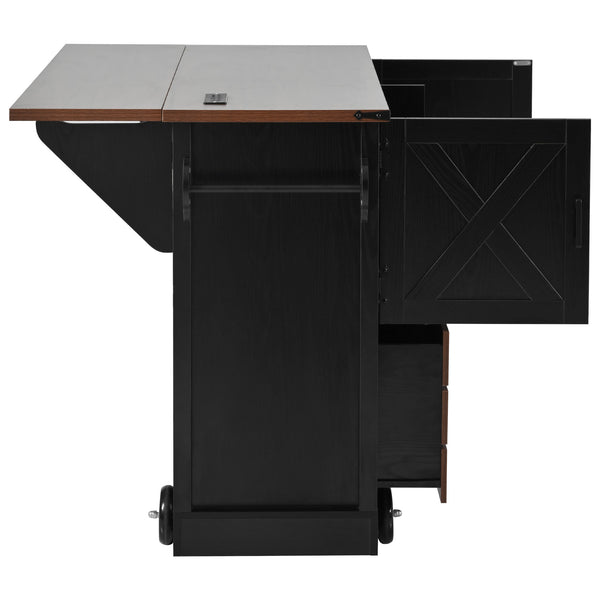 English Elm K&K 54" Farmhouse Kitchen Island Cart with Drop Leaf, Wine Rack, Power Outlet and Rolling Storage Black N707P349814B