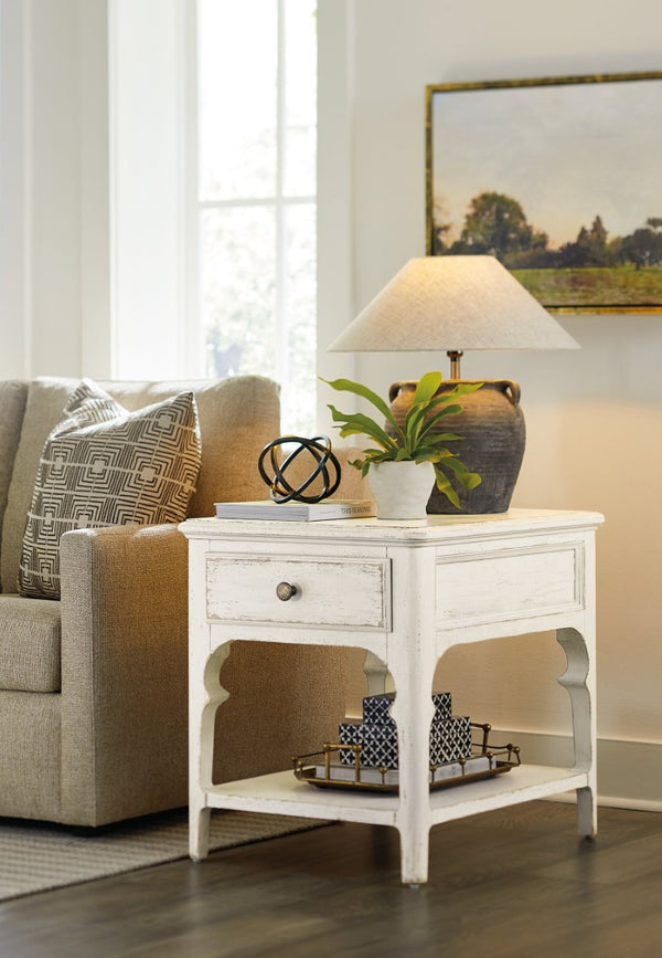 Hooker Furniture Americana End Table With Self-Closing Drawer And Distressed Oak Veneers, Scalloped Legs & Shelf Whites/Creams/Beiges 7050-80214-02
