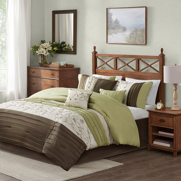 JLA Home Madison Park - Embroidered Serene 7-Piece Comforter Set in Green Chocolate Taupe – Dupioni Sheen, Floral Embroidery, Easy Care MP10-638