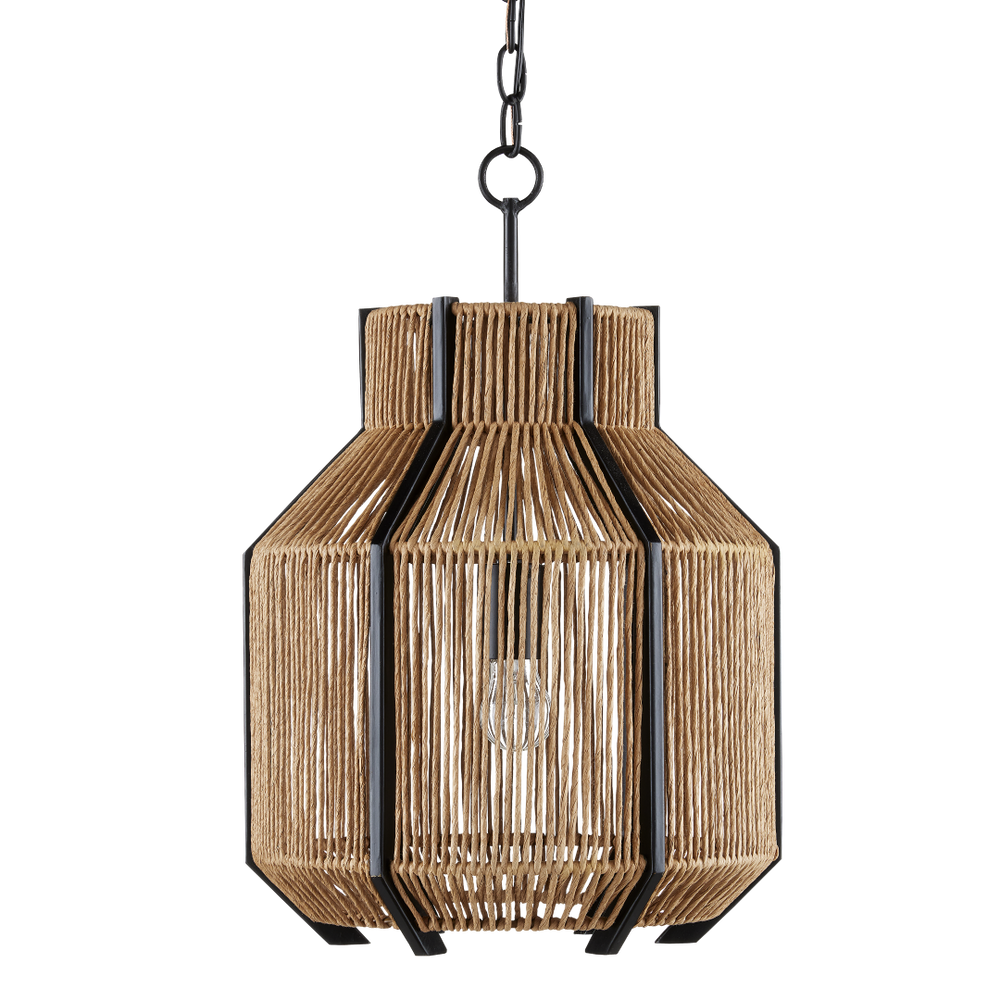Mali Pendant Light Fixture - Bohemian Woven Design with Satin Black Iron, Adjustable Height & Warm Glow