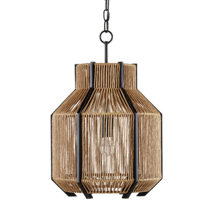 Mali Pendant Light Fixture - Bohemian Woven Design with Satin Black Iron, Adjustable Height & Warm Glow
