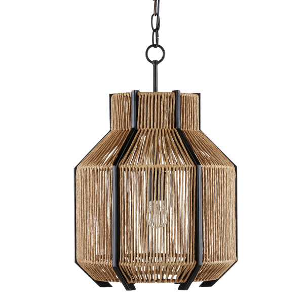 Mali Pendant Light Fixture - Bohemian Woven Design with Satin Black Iron, Adjustable Height & Warm Glow