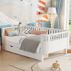 English Elm Twin Solid Wood Platform Bed with Guardrail for Kids, Low-Profile Sturdy Pine Frame, Safe Sleep Solution White 69.69 L x 18.5 W x 7.68 H W2593P331678