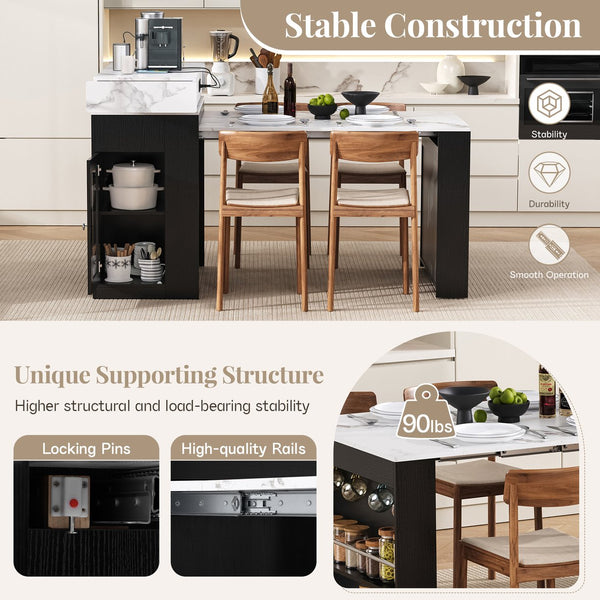 English Elm [video] Trexm Folding Extendable Kitchen Island Sideboard with Power Outlet and Storage XW000028AAB