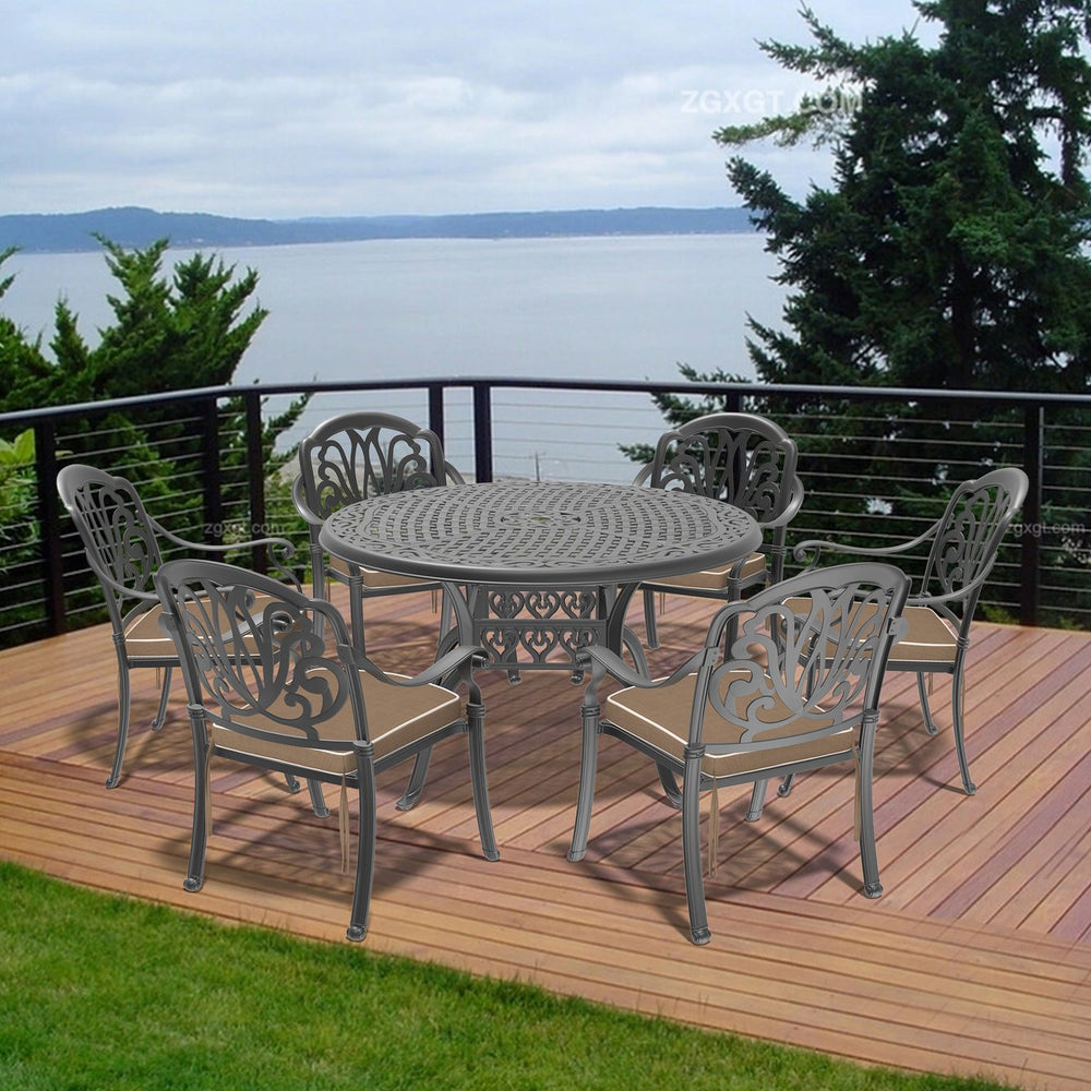 English Elm 7-Piece Cast Aluminum Patio Furniture Set With Brown Cushions – Stylish, Durable, Seats 6 People! W1710S00482