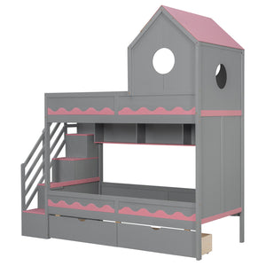 English Elm Twin Over Kids Bunk Bed with Castle Roofline Led Lights and Staircase Storage Gray N820S00068E