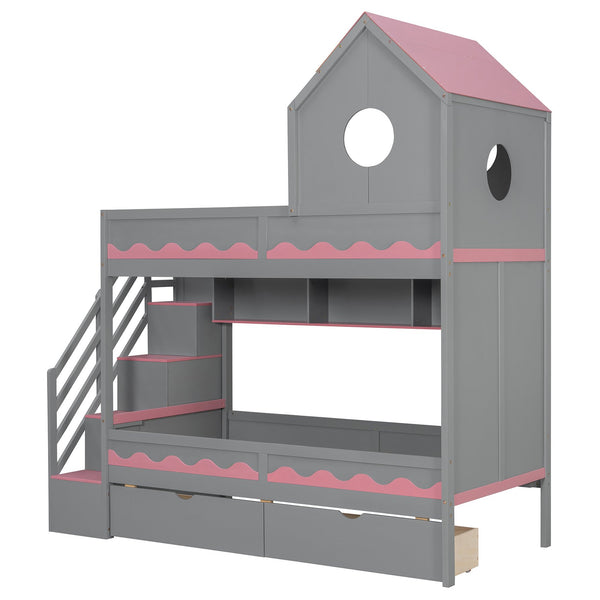 English Elm Twin Over Kids Bunk Bed with Castle Roofline Led Lights and Staircase Storage Gray N820S00068E