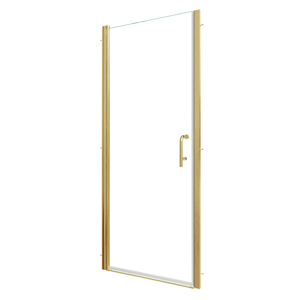 English Elm 32-34 in Frameless Pivot Shower Door Clear Glass Brushed Gold Reversible Bathroom W637P400607