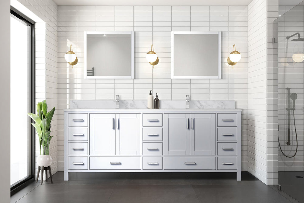 English Elm White Double Bath Vanity 84" W x 22" D with Carrara Marble Top, 14 Drawers, Soft-Close, Faucet Included B2731P259146