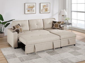 English Elm Beige Convertible Sectional Sofa with Pull-Out Bed, Reversible Storage Chaise & Dual Cupholders B011S01022