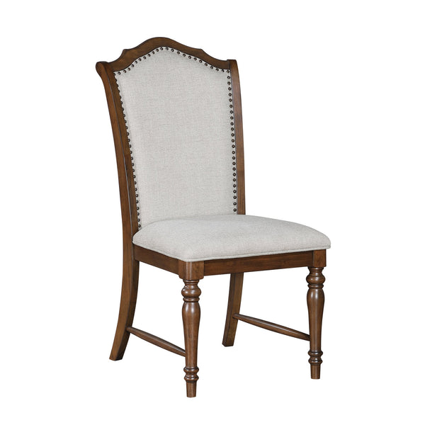 English Elm Formal Cherry Trestle Dining Set with Nailhead Chairs and Self Storing Extension Leaf B011S01372