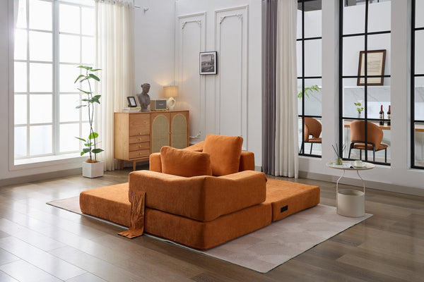 English Elm Modern Minimalist Sofa Fold-Out Convertible Floor Couch Bed with Removable Backrest Chenille Orange, Modular Comfort and Side Pockets W1829P186302
