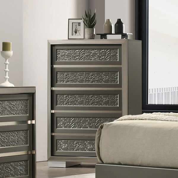 English Elm Contemporary Chic Five-Drawer Chest with Chrome Legs, High-Gloss Coating, Smooth Modern Design Dark Gray 37 L x 22 W x 54 H B2741P369859