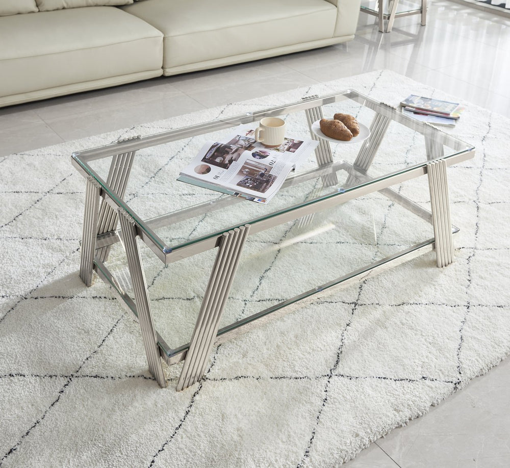 English Elm 47" Wide Modern Stainless Steel Coffee Table With Clear Glass Top & Storage, Easy Assembly, Silver W2978S00003
