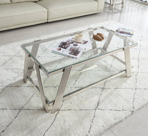 English Elm 47" Wide Modern Stainless Steel Coffee Table With Clear Glass Top & Storage, Easy Assembly, Silver W2978S00003