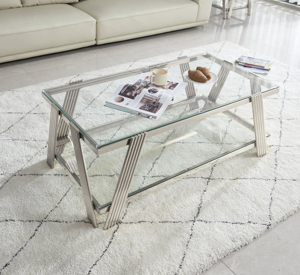 English Elm 47" Wide Modern Stainless Steel Coffee Table With Clear Glass Top & Storage, Easy Assembly, Silver W2978S00003