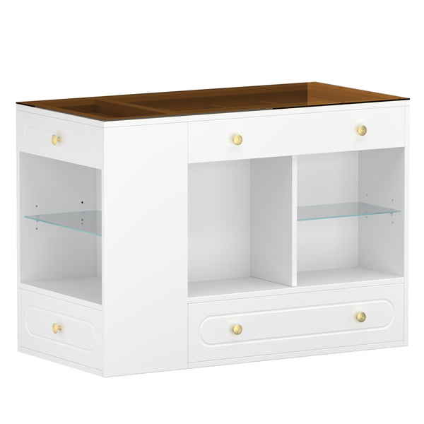 English Elm Closet Elegant walk-in island with glass display top, 6 drawers and open shelves for organized storage White 39.76 L x 17.32 W x 12.2 H N733S304513K