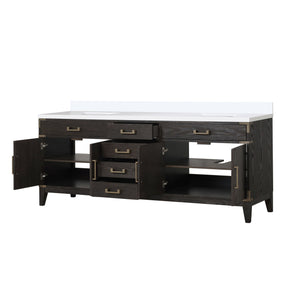 English Elm Brown Oak Double Bath Vanity 84" W With White Quartz Top – Elegant Storage Solution For Bathrooms B2731P259959