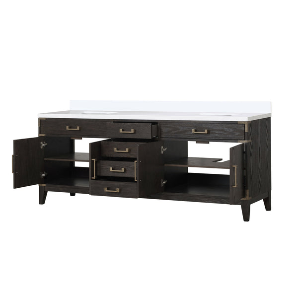 English Elm Brown Oak Double Bath Vanity 84" W With White Quartz Top – Elegant Storage Solution For Bathrooms B2731P259959